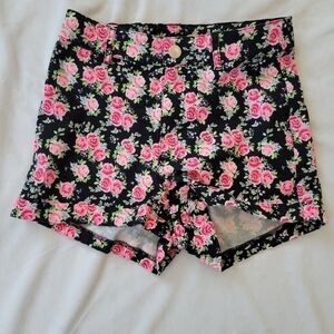Divided H&M Black w/ pink rose print high waisted shorts Size 4